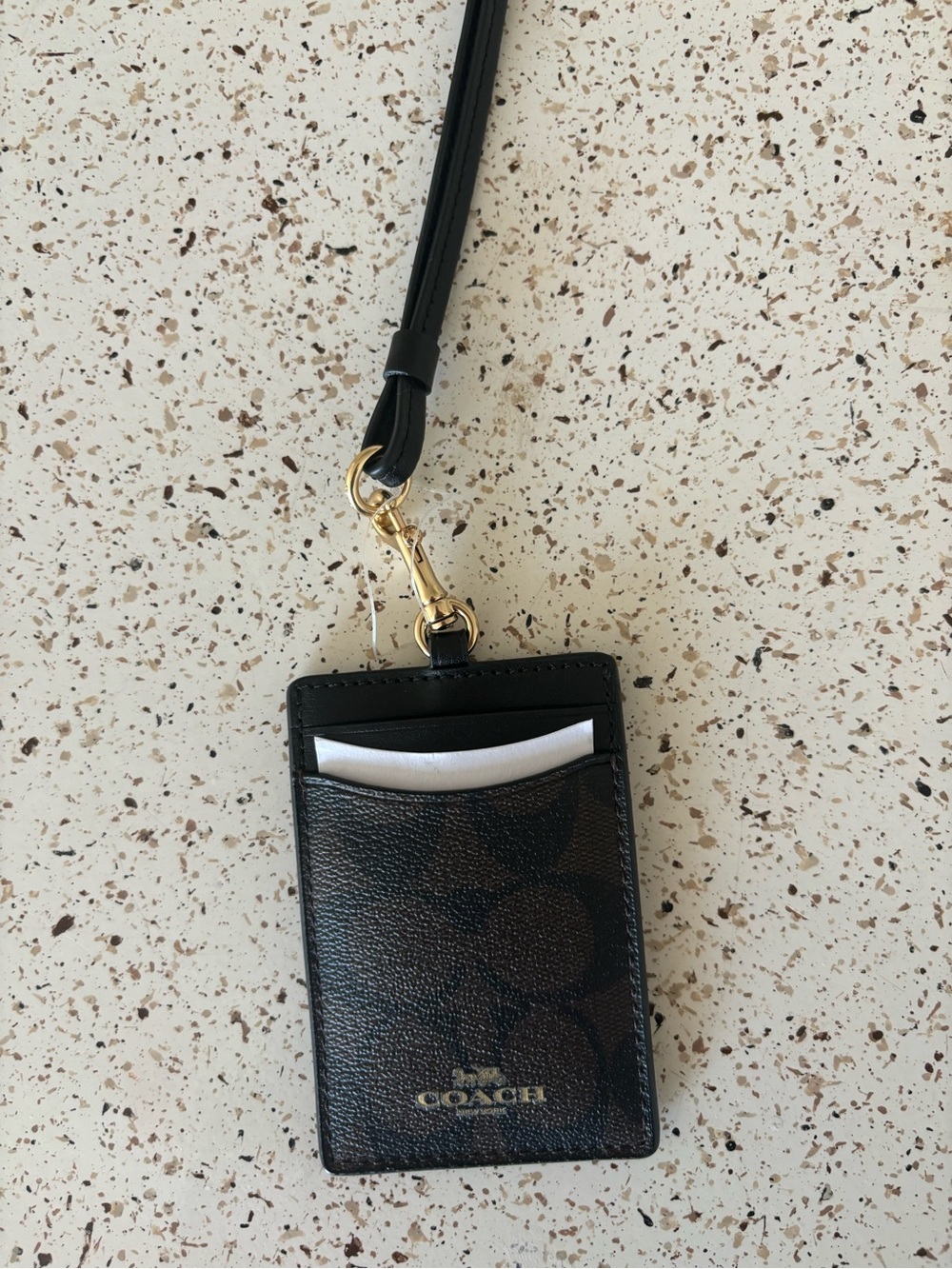 Coach Black Signature Card Lanyard with Gold Hardware